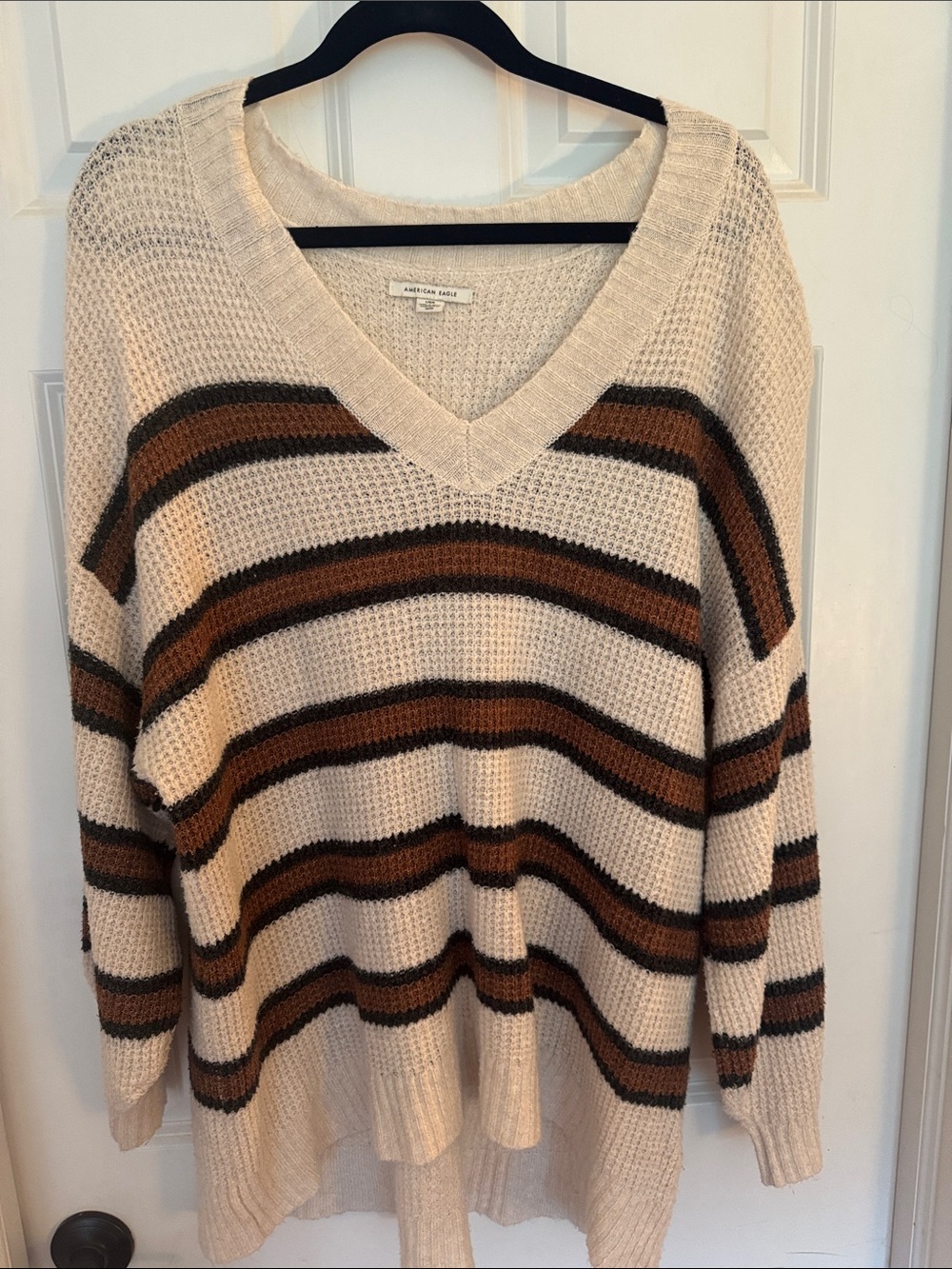 American Eagle Outfitters Cream V-Neck Sweater with Brown & Black Stripes